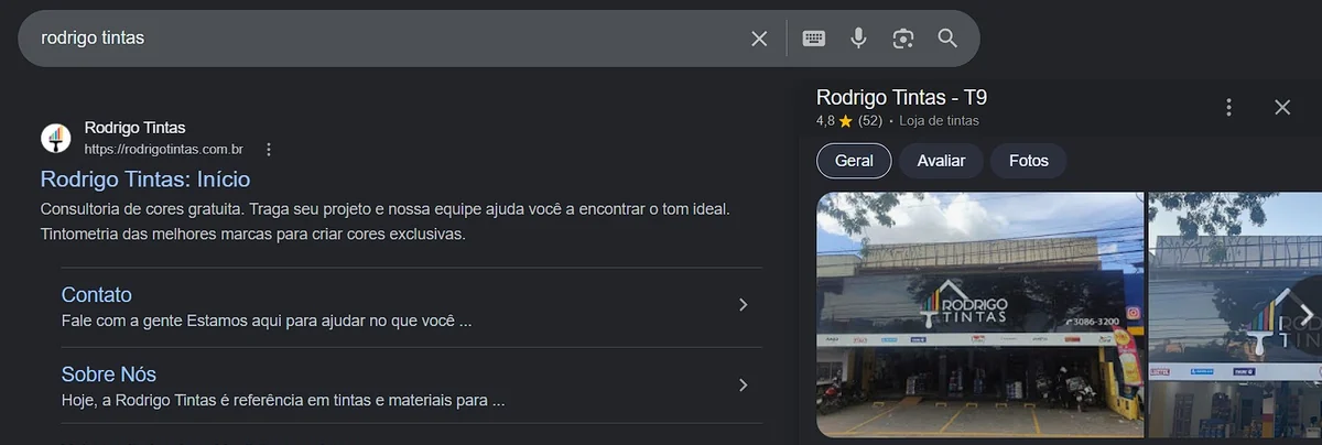 Busca por rodrigo tintas no Google mostrando o site no topo e o painel da loja com nota 4,8, fotos e botões de contato