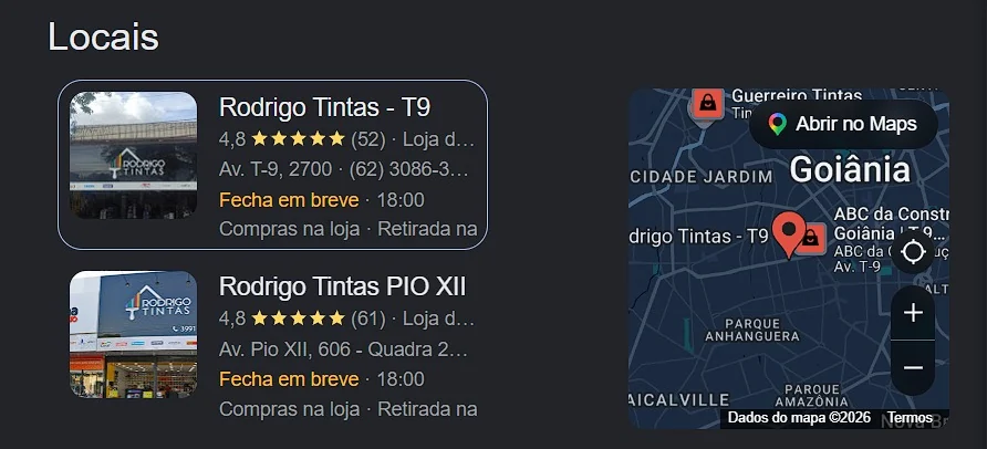 Resultado de Locais no Google mostrando duas unidades da Rodrigo Tintas no mapa de Goiânia, com nota 4,8 estrelas, endereço e horário